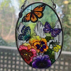 AMIA Hand-Painted Stained Glass Suncatcher - Monarch Butterfly & Pansies VTG